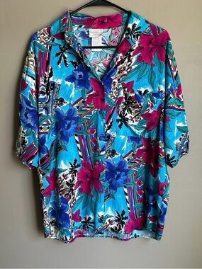 Bobbie Brooks Turquoise Floral Hawaiian Button-Down Shirt